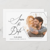 Save The Date Photo Hexagon moderne Script noir et blanc (Devant / Derrière)