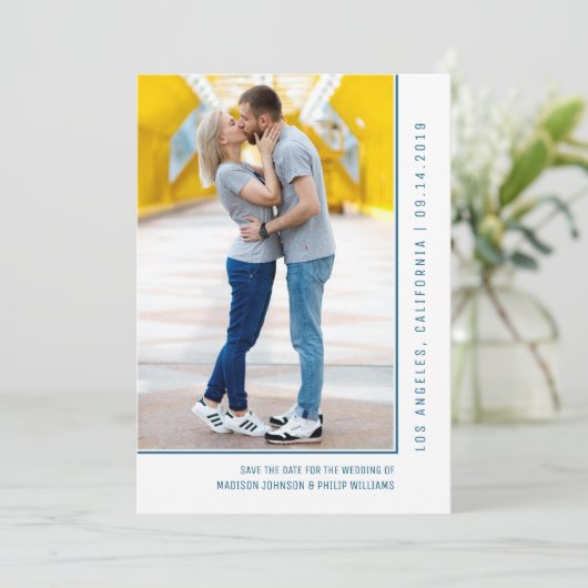 Save The Date Photo ligne simple Enregistrer la date | Bleu (Debout devant)