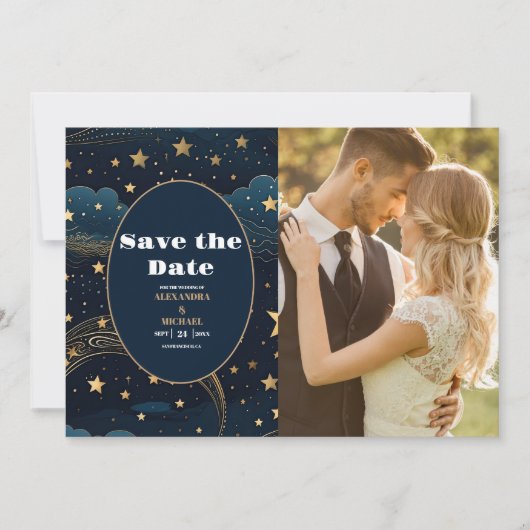 Save The Date Photo Lune Croissante Céleste Or Mariage (Devant)