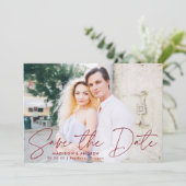 Save The Date Photo manuscrite moderne Burgundy Script (Debout devant)