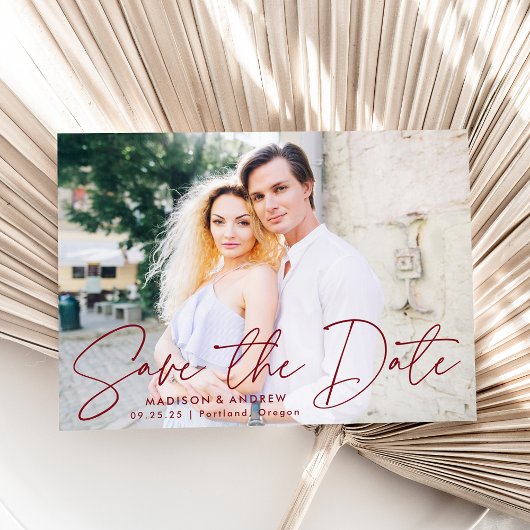 Save The Date Photo manuscrite moderne Burgundy Script