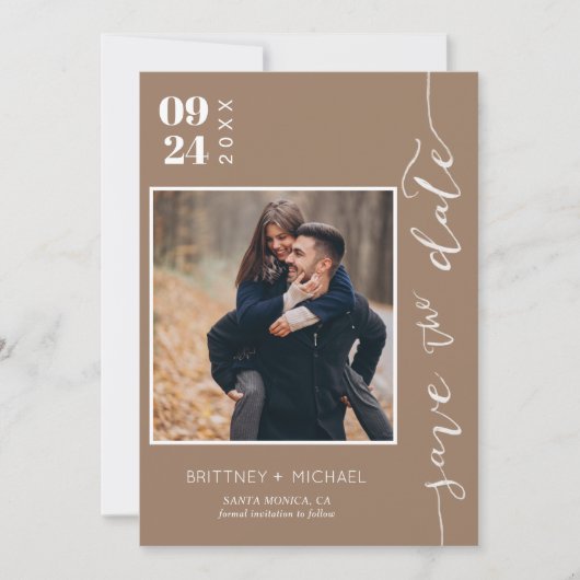 Save The Date Photo manuscrite moderne Enregistrer la date Tan (Devant)