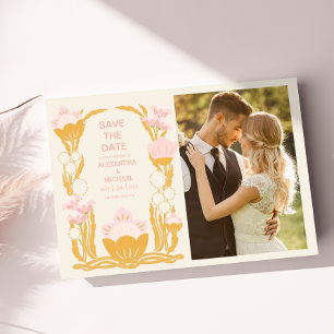 Save The Date Photo Mariage Art Nouveau Floral Rose Gold Vintage