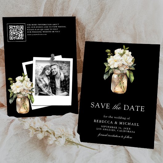 Save The Date Photo Mariage blanc Magnolia Floral Black QR Code