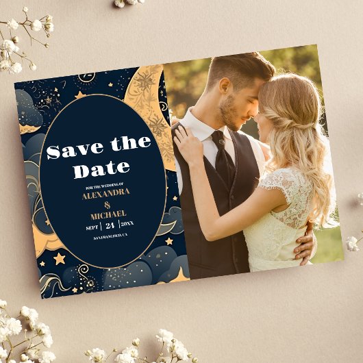 Save The Date Photo Mariage Céleste Bleu Nuit Or