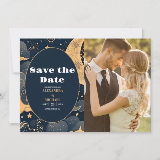 Save The Date Photo Mariage céleste d'or bleu nuit (Devant)