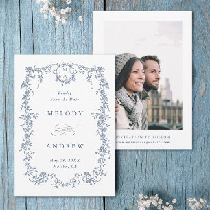 Save The Date Photo Mariage classique de couleur bleue victorien