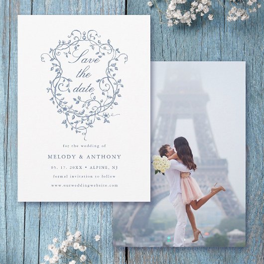 Save The Date Photo Mariage classique de la crête Florale Bleue