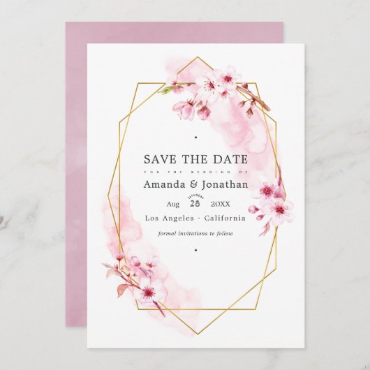 Save The Date Photo Mariage de fleurs de cerisier rose géométriq (Devant / Derrière)
