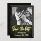 Save The Date Photo Mariage en bois blanc Neon Boxwood (Devant / Derrière)
