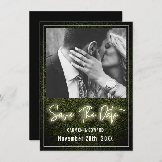 Save The Date Photo Mariage en bois blanc Neon Boxwood (Devant / Derrière)