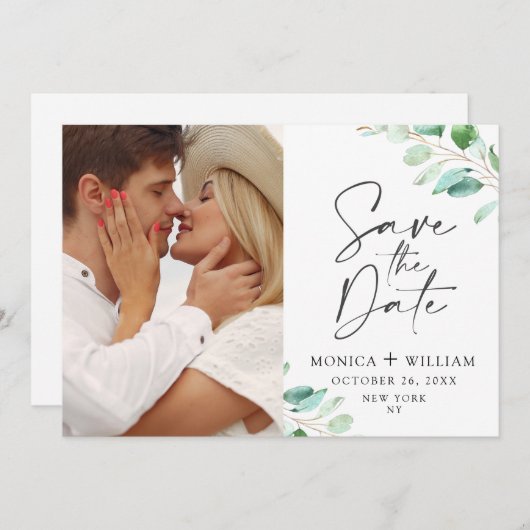Save The Date Photo Mariage Eucalyptus Simplement Élégant (Devant / Derrière)