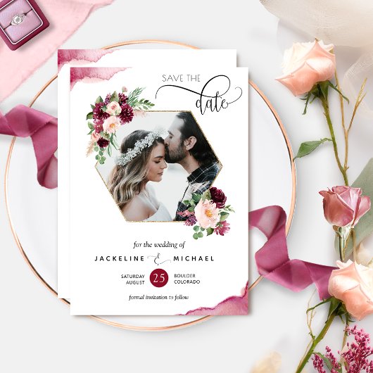 Save The Date Photo : Mariage floral de Bourgogne et de Blush