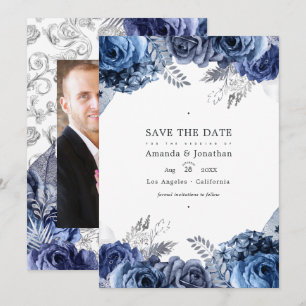 Save The Date Photo Mariage floral Marine et Argent Faux Foil