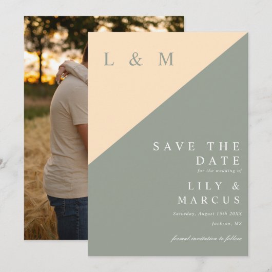 Save The Date Photo Mariage Sage Green Et Cream Monogram (Devant / Derrière)