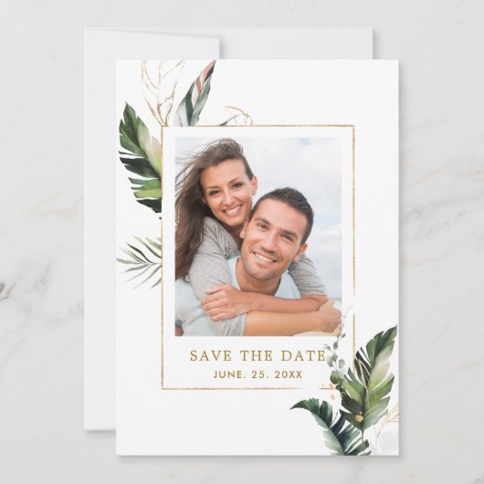 Save The Date Photo Mariage Tropical Foliage Gold Enregistrer la (Devant)