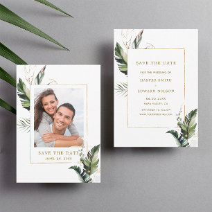 Save The Date Photo Mariage Tropical Foliage Gold Enregistrer la