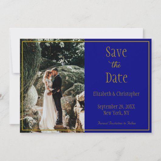 Save The Date Photo Marine Bleu Or Formal Mariage élégant Élégan (Devant)