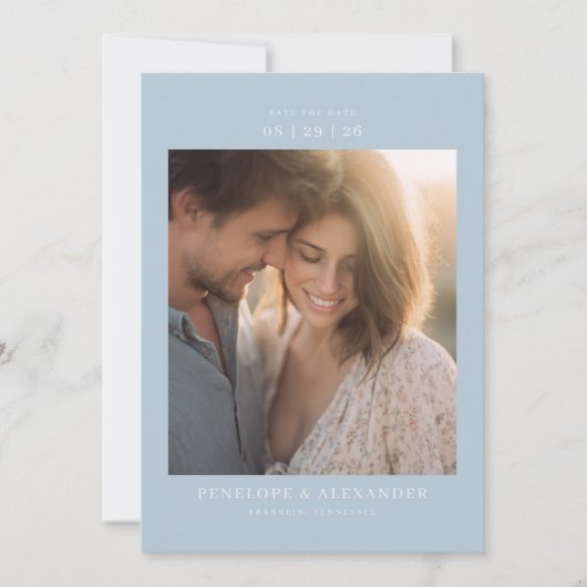 Save The Date Photo Minimaliste Bleu Romantique (Devant)