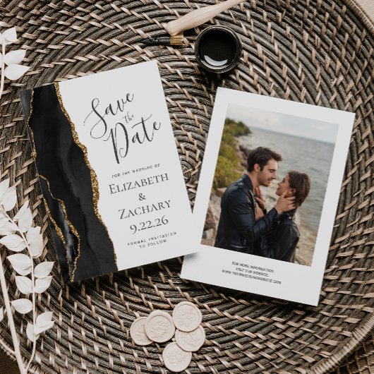 Save The Date Photo moderne Black Gold Agate Enregistrer la date