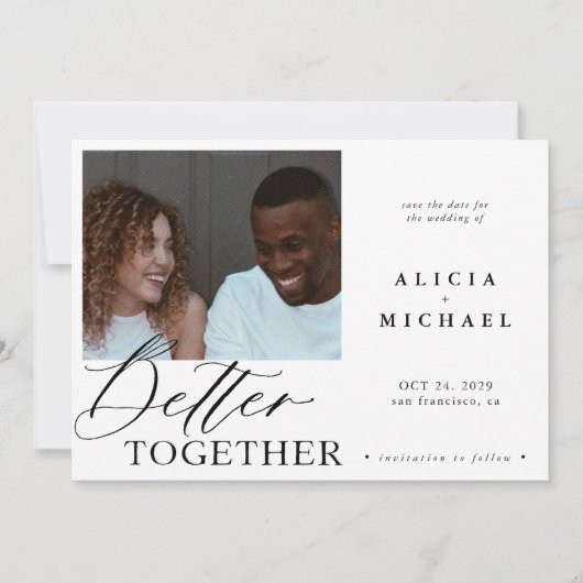 Save The Date Photo moderne blanc simple script noir mariage (Devant)