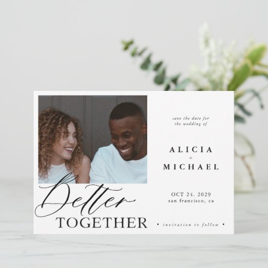Save The Date Photo moderne blanc simple script noir mariage (Debout devant)