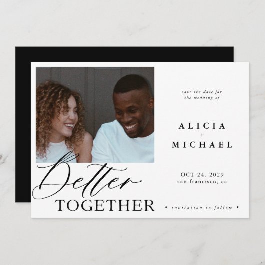 Save The Date Photo moderne blanc simple script noir mariage (Devant / Derrière)