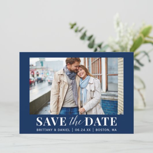 Save The Date Photo moderne bleu ou couleur de sélection (Debout devant)