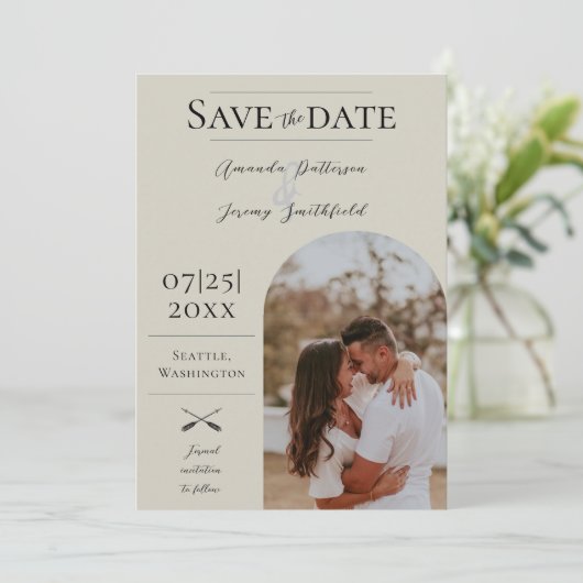Save The Date Photo moderne Boho Arch | Beige Enregistrer la dat (Debout devant)