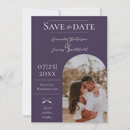 Save The Date Photo moderne Boho Arch | Purple Enregistrer la da (Devant)