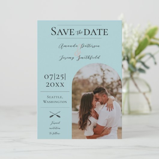 Save The Date Photo moderne Boho Arch | Turquoise Enregistrer la (Debout devant)