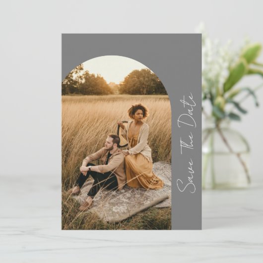 Save The Date Photo moderne Boho Frame Mariage Gris (Debout devant)
