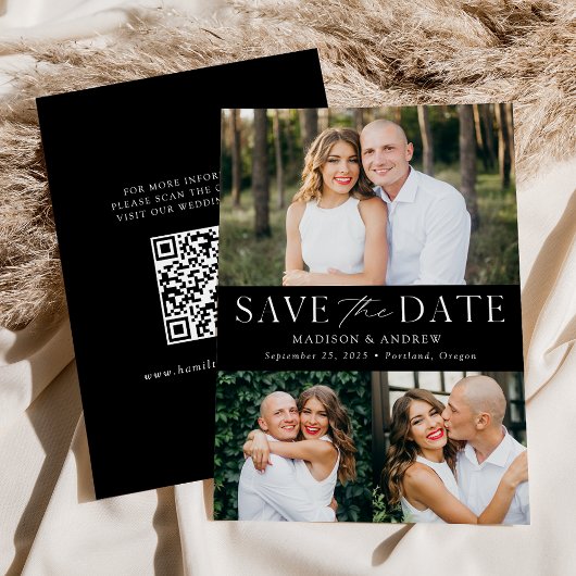 Save The Date Photo moderne noir et blanc QR Code Enregistrer la