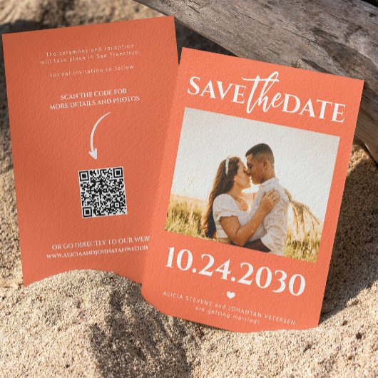 Save The Date Photo moderne QR code orange vif mariage