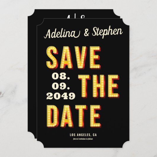 Save The Date Photo moderne Retro Light Marquee Style Broadway (Devant / Derrière)