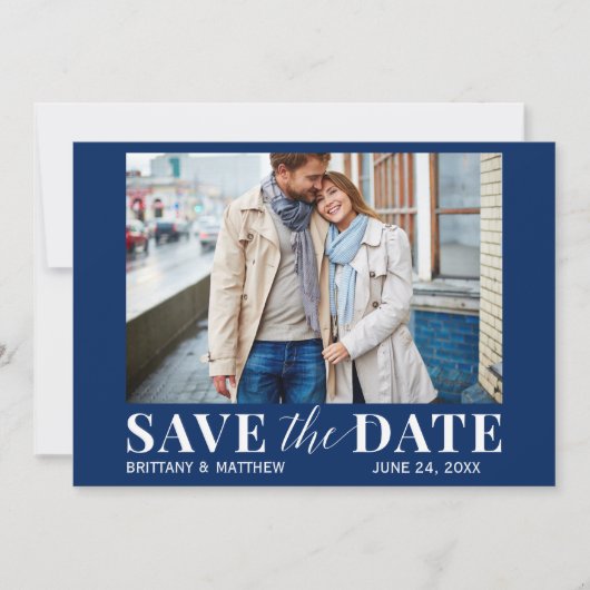 Save The Date Photo moderne tendance bleu marine (Devant)