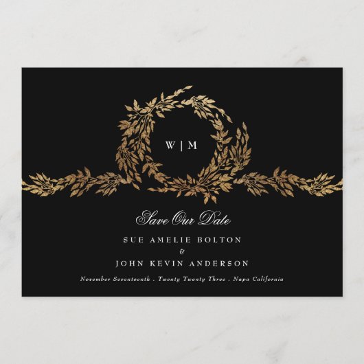 Save The Date Photo Monogram Black Crest Classic Mariage or (Devant)