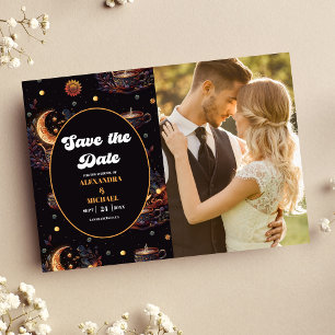 Save The Date Photo Mystical Black Gold Celestial Stars Mariage