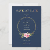 Save The Date Photo Navy Elegant Pink Garland Wreath Wedding (Devant)