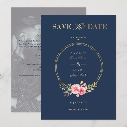 Save The Date Photo Navy Elegant Pink Garland Wreath Wedding (Devant / Derrière)