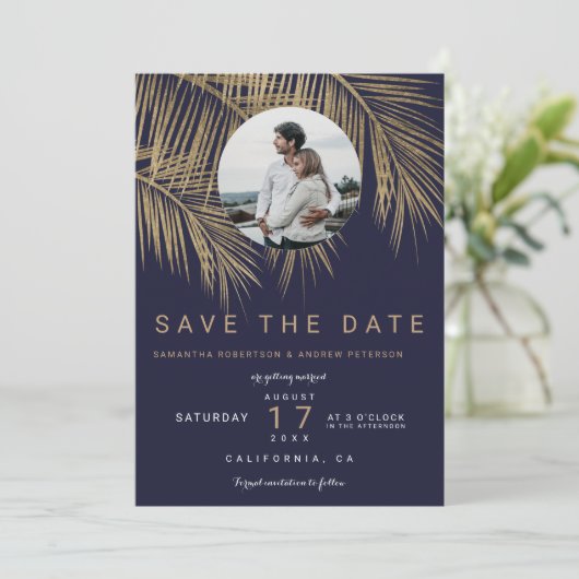 Save The Date Photo or palmier bleu marine enregistrer la date (Debout devant)