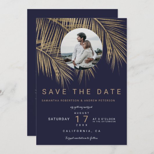 Save The Date Photo or palmier bleu marine enregistrer la date (Devant / Derrière)