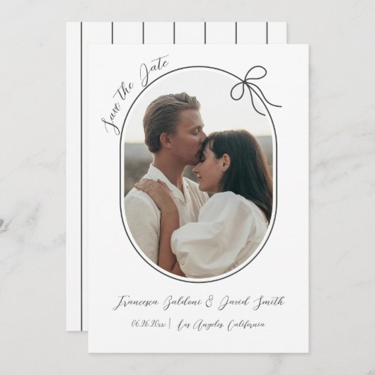 Save The Date Photo ovale avec bord fin et nœud minimal (Devant / Derrière)