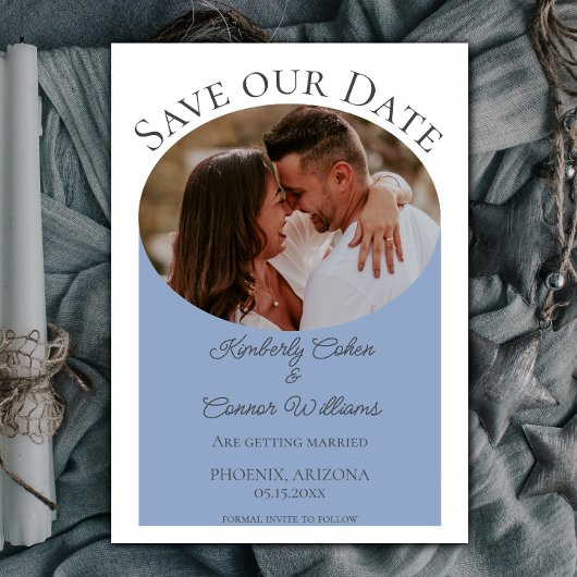 Save The Date Photo ovale simple Enregistrer la date | Dusty Blu