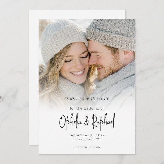 Save The Date Photo Overlay Modern Script QR Code Wedding (Devant / Derrière)