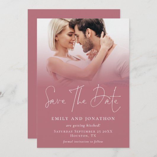 Save The Date Photo Overlay QR Rose Gold White Script Mariage (Devant / Derrière)