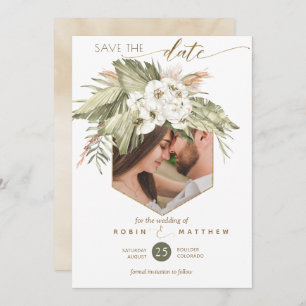 Save The Date Photo Palm Feuille Floral Cream Aquarelle