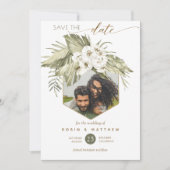 Save The Date Photo Palm Feuille Floral Vert aquarelle (Devant)