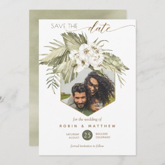 Save The Date Photo Palm Feuille Floral Vert aquarelle (Devant / Derrière)