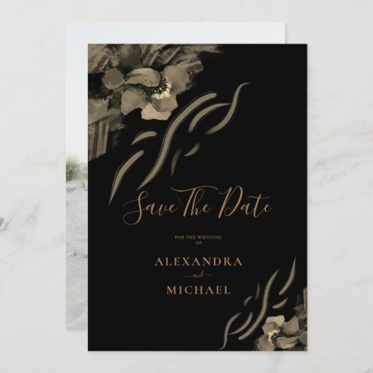 Save The Date Photo personnalisée Fleurs Iris dorées Mariage noi (Devant / Derrière)